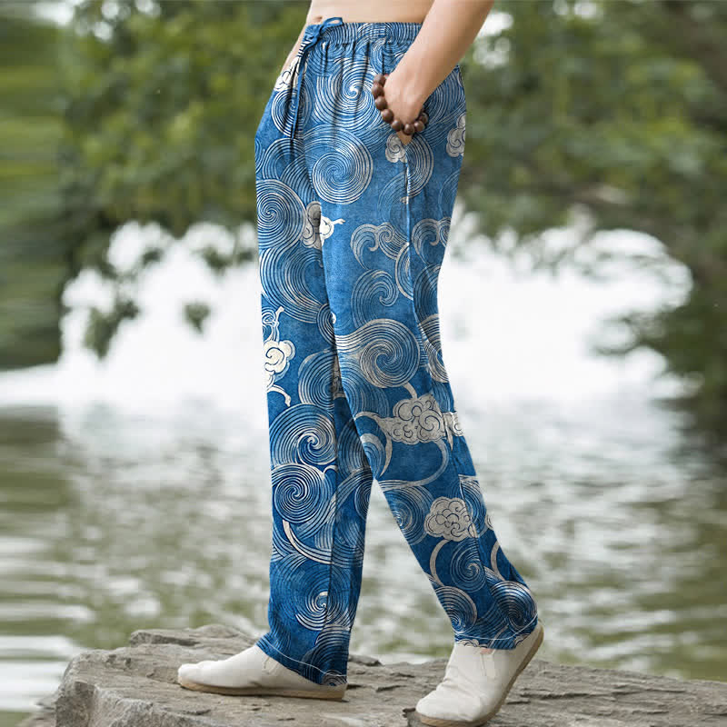 Nimara Ritual Cotton Cloud Wave Pattern Men's Tapered Pants With Pockets