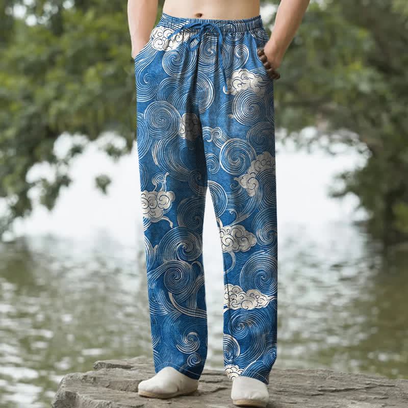 Nimara Ritual Cotton Cloud Wave Pattern Men's Tapered Pants With Pockets