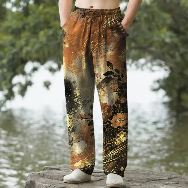 Nimara Ritual Cotton Floral Starlight Pattern Men's Tapered Pants With Pockets
