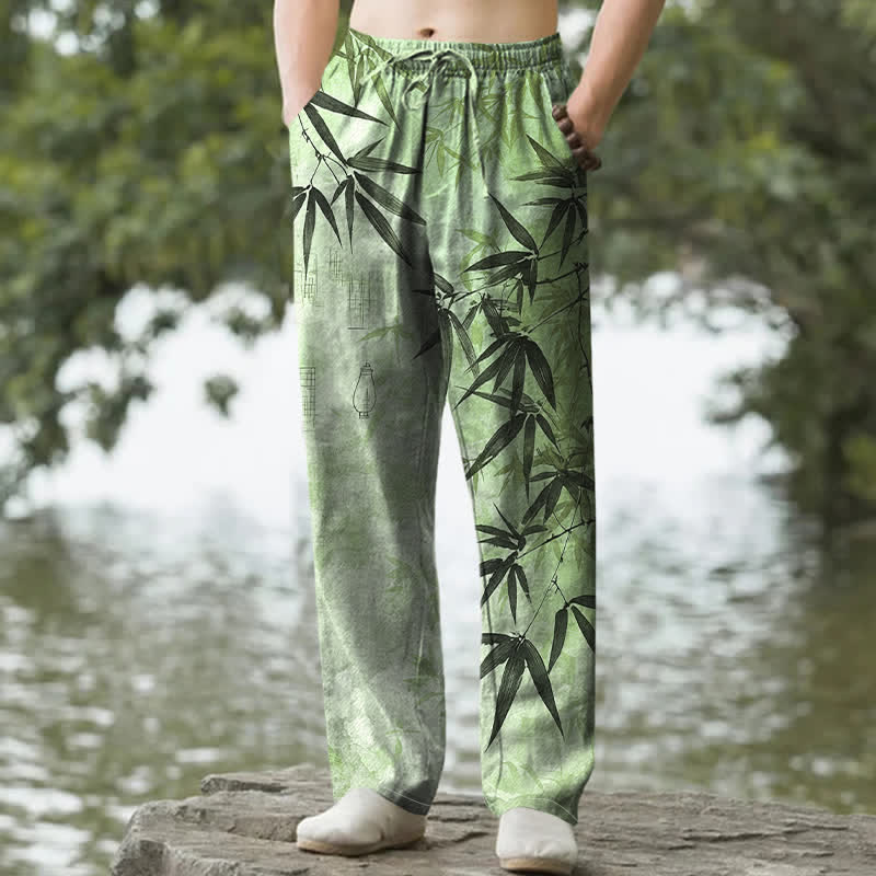 Nimara Ritual Cotton Ink Bamboo Leaf Pattern Men's Tapered Pants With Pockets
