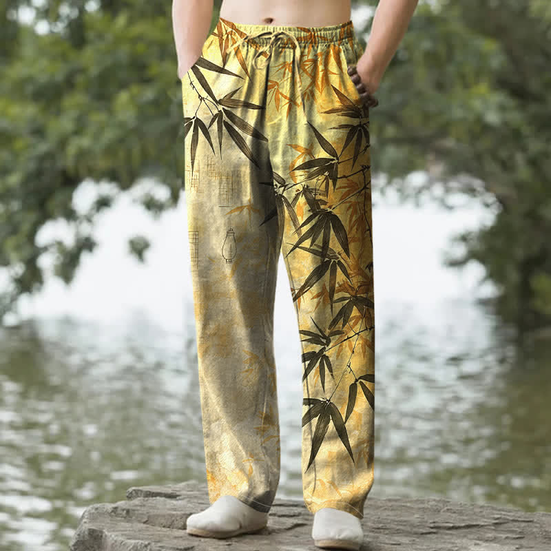 Nimara Ritual Cotton Ink Bamboo Leaf Pattern Men's Tapered Pants With Pockets