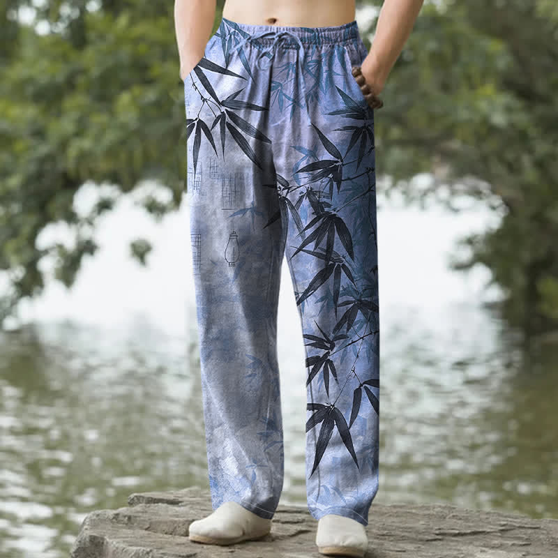 Nimara Ritual Cotton Ink Bamboo Leaf Pattern Men's Tapered Pants With Pockets