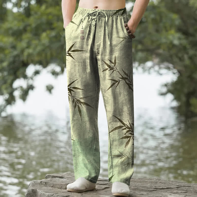 Nimara Ritual Cotton Ink Bamboo Leaf Pattern Men's Tapered Pants With Pockets