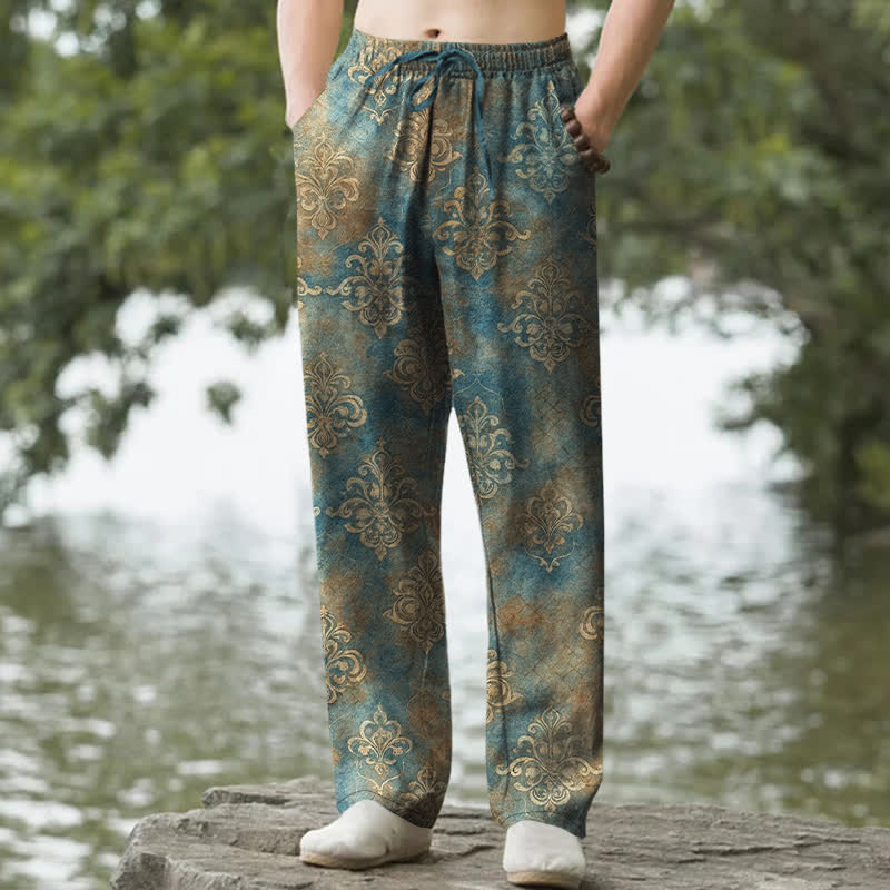 Nimara Ritual Cotton Vintage Baroque Pattern Men's Tapered Pants With Pockets