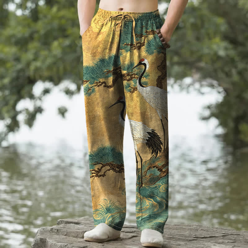 Nimara Ritual Cotton Crane Pine Pattern Men's Tapered Pants With Pockets