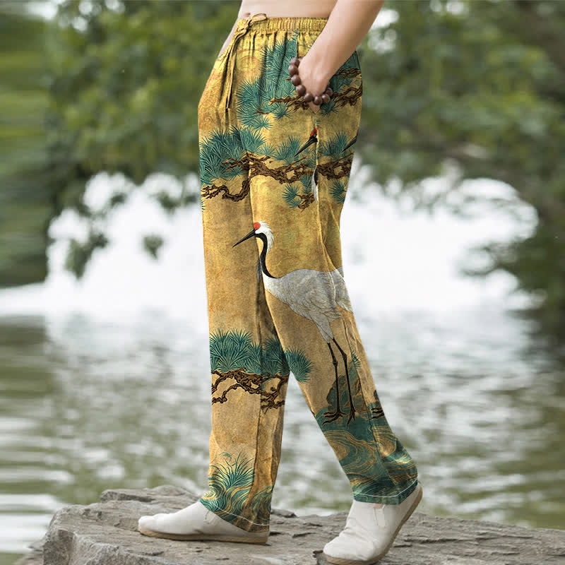 Nimara Ritual Cotton Crane Pine Pattern Men's Tapered Pants With Pockets