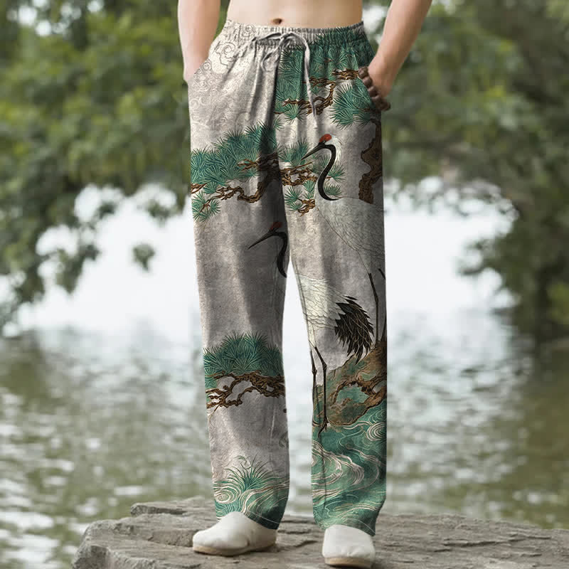Nimara Ritual Cotton Crane Pine Pattern Men's Tapered Pants With Pockets