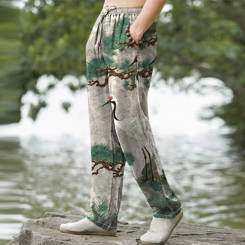Nimara Ritual Cotton Crane Pine Pattern Men's Tapered Pants With Pockets
