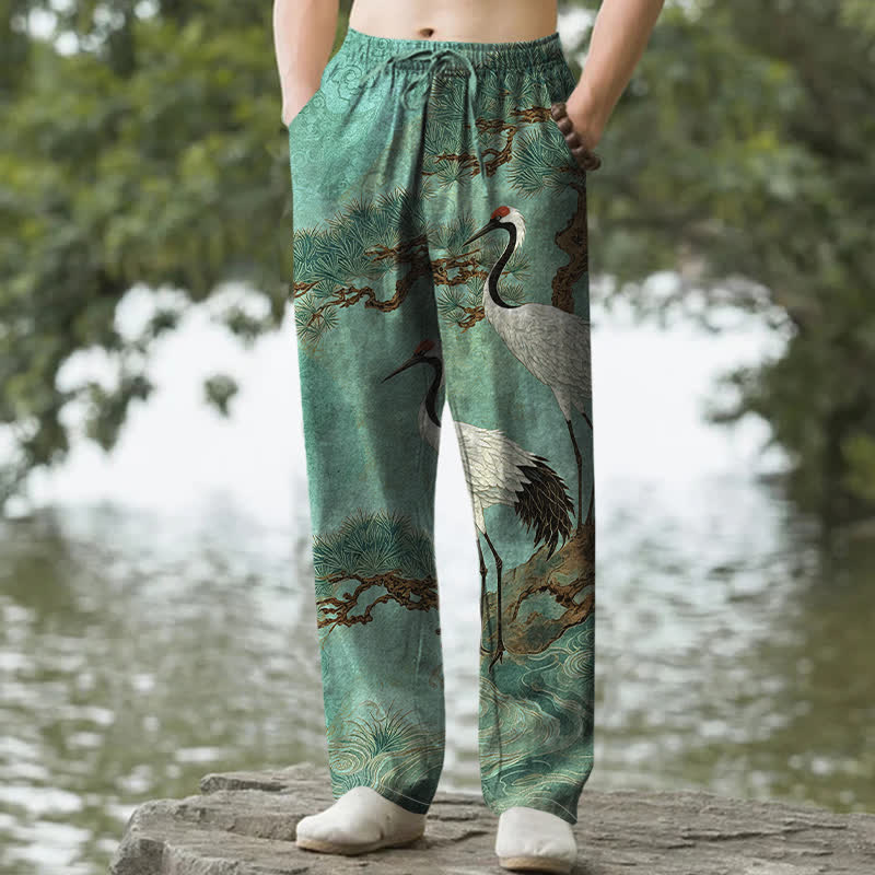Nimara Ritual Cotton Crane Pine Pattern Men's Tapered Pants With Pockets