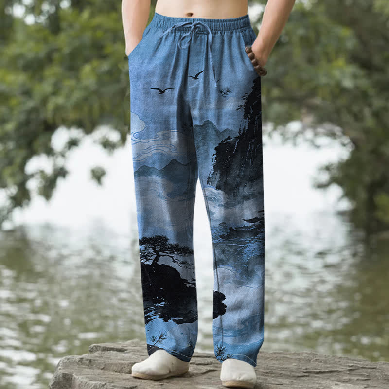 Nimara Ritual Cotton Ink Landscape Pattern Men's Tapered Pants With Pockets