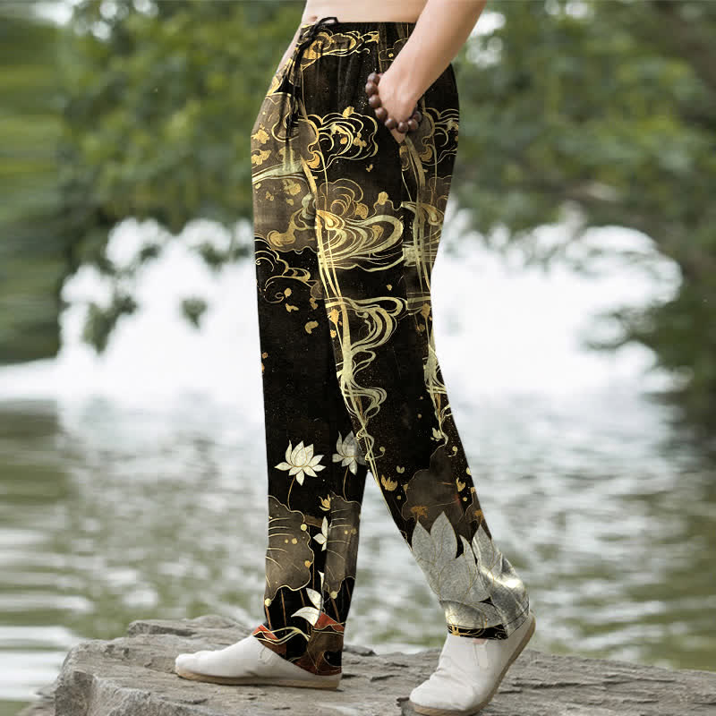Nimara Ritual Cotton Lotus Cloud Pattern Men's Tapered Pants With Pockets