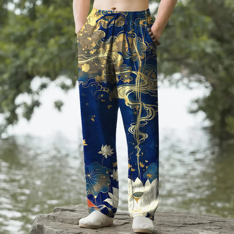 Nimara Ritual Cotton Lotus Cloud Pattern Men's Tapered Pants With Pockets