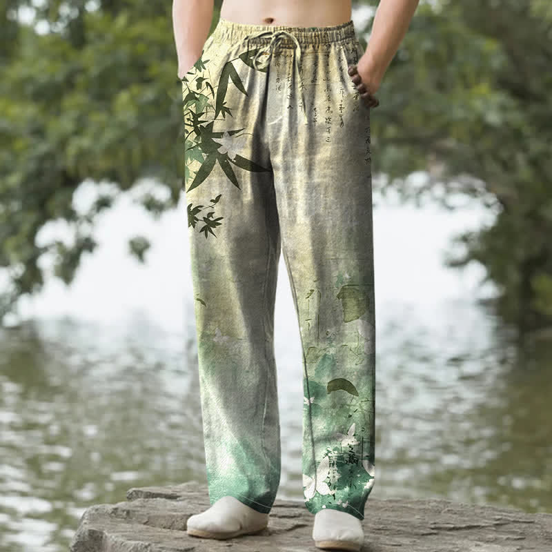 Nimara Ritual Cotton Ink Bamboo Pattern Men's Tapered Pants With Pockets