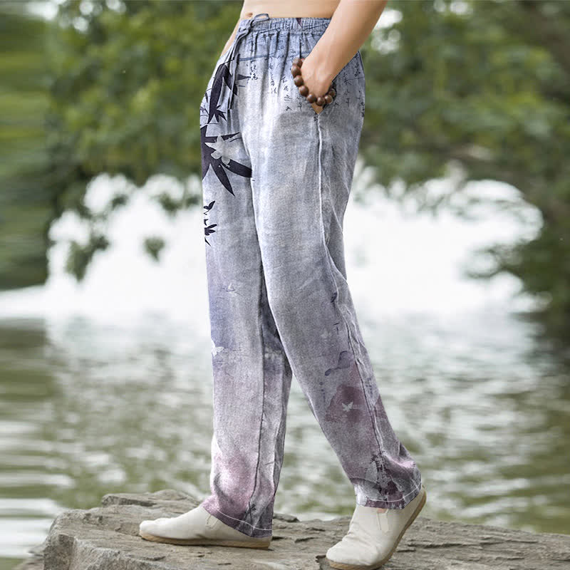 Nimara Ritual Cotton Ink Bamboo Pattern Men's Tapered Pants With Pockets