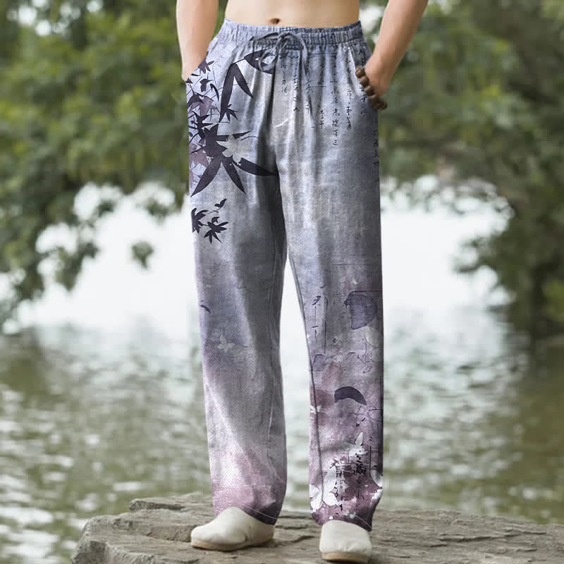 Nimara Ritual Cotton Ink Bamboo Pattern Men's Tapered Pants With Pockets
