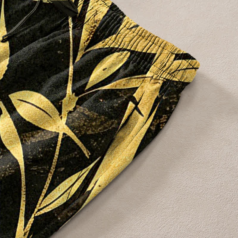 Nimara Ritual Cotton Golden Bamboo Leaf Pattern Men's Tapered Pants With Pockets