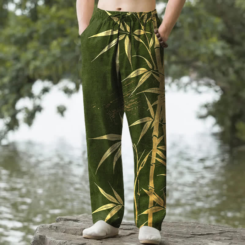Nimara Ritual Cotton Golden Bamboo Leaf Pattern Men's Tapered Pants With Pockets