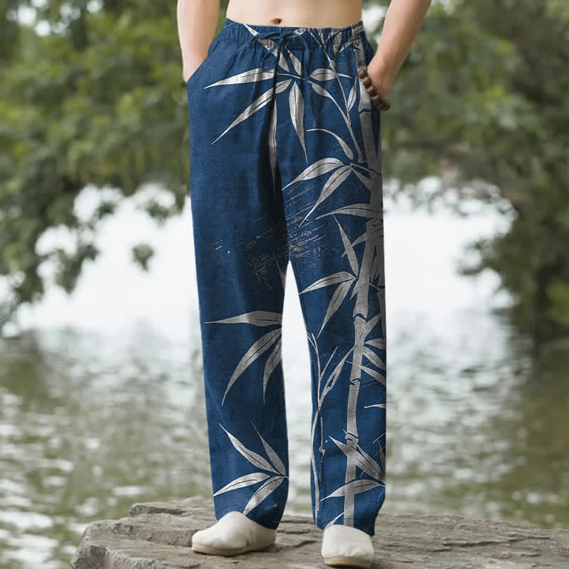 Nimara Ritual Cotton Golden Bamboo Leaf Pattern Men's Tapered Pants With Pockets