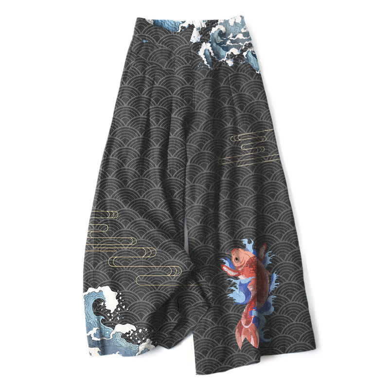 Nimara Ritual Cotton Linen Koi Fish Wave Pattern Women's Elastic Waist Wide Leg Pants With Pockets