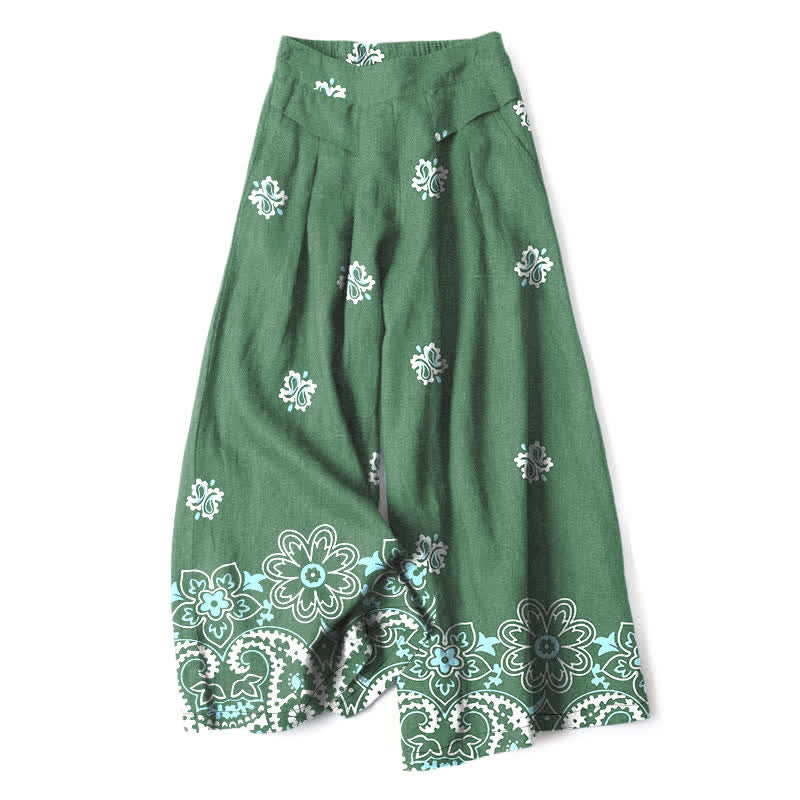 Nimara Ritual Cotton Linen Bohemian Floral Pattern Women's Elastic Waist Wide Leg Pants With Pockets