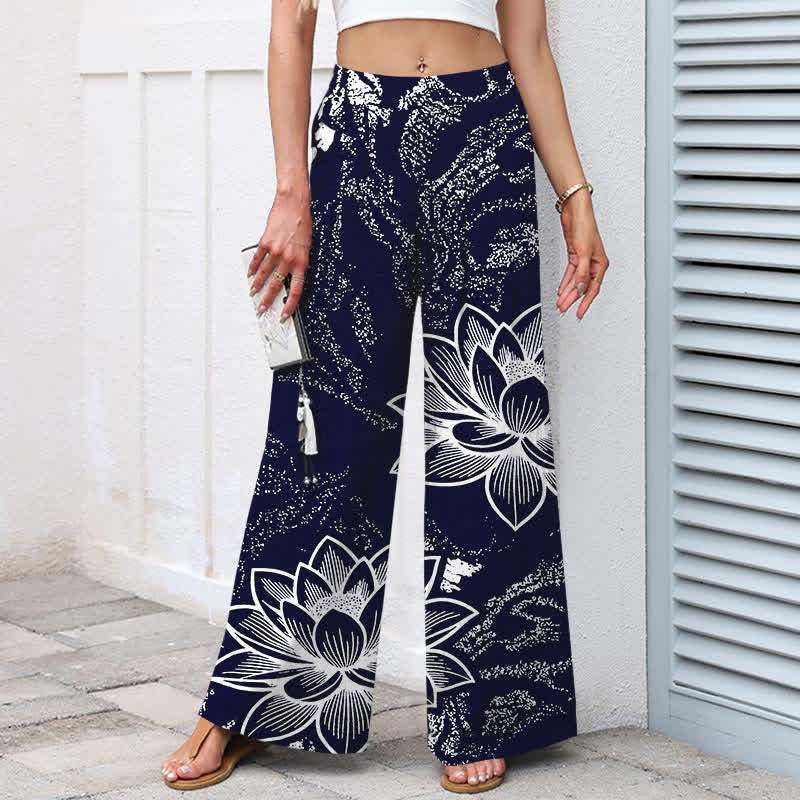 Nimara Ritual Cotton Linen Lotus Floral Pattern Women's Elastic Waist Wide Leg Pants With Pockets