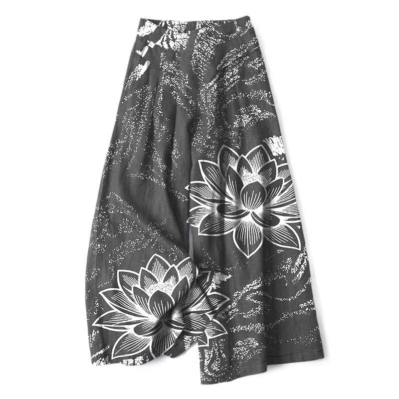 Nimara Ritual Cotton Linen Lotus Floral Pattern Women's Elastic Waist Wide Leg Pants With Pockets