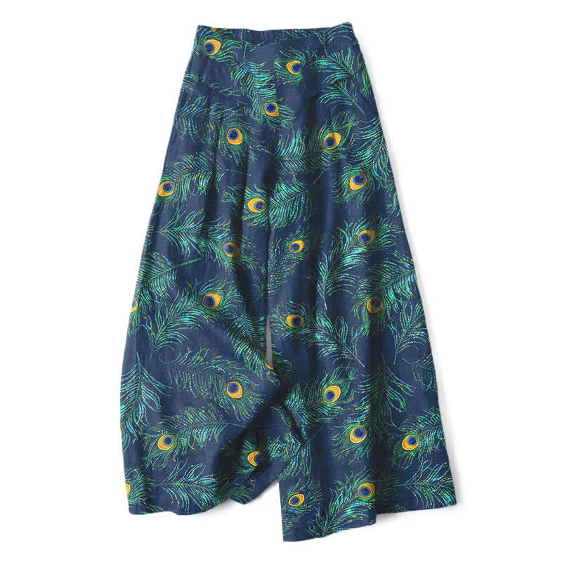 Nimara Ritual Cotton Linen Peacock Feather Pattern Women's Elastic Waist Wide Leg Pants With Pockets