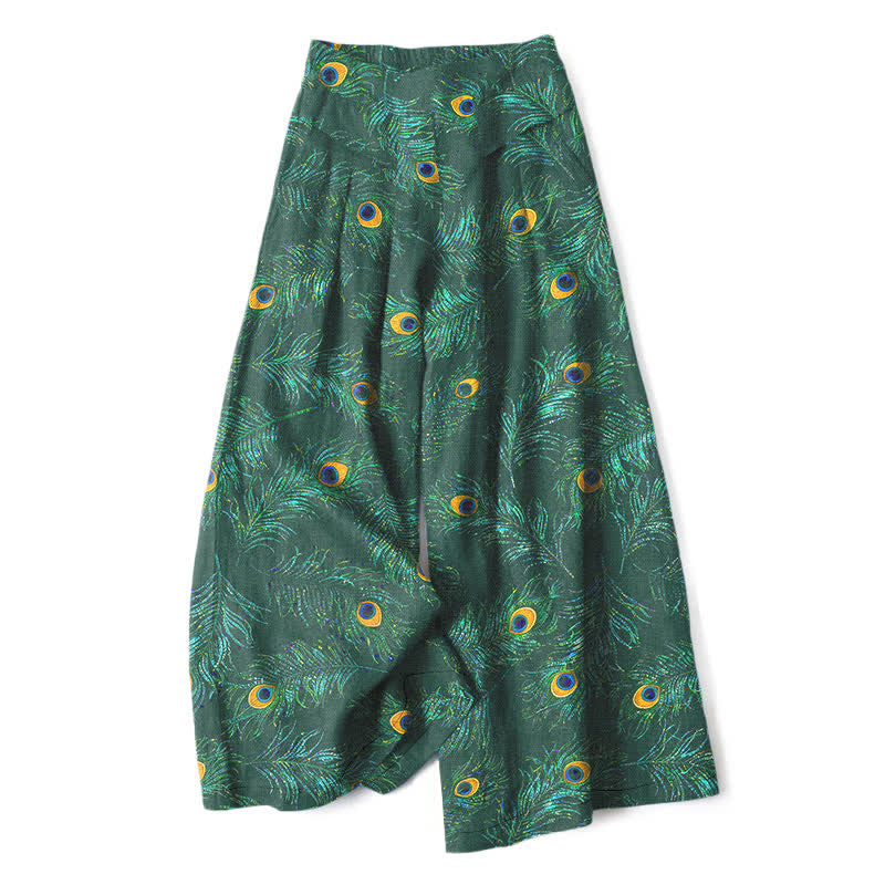 Nimara Ritual Cotton Linen Peacock Feather Pattern Women's Elastic Waist Wide Leg Pants With Pockets