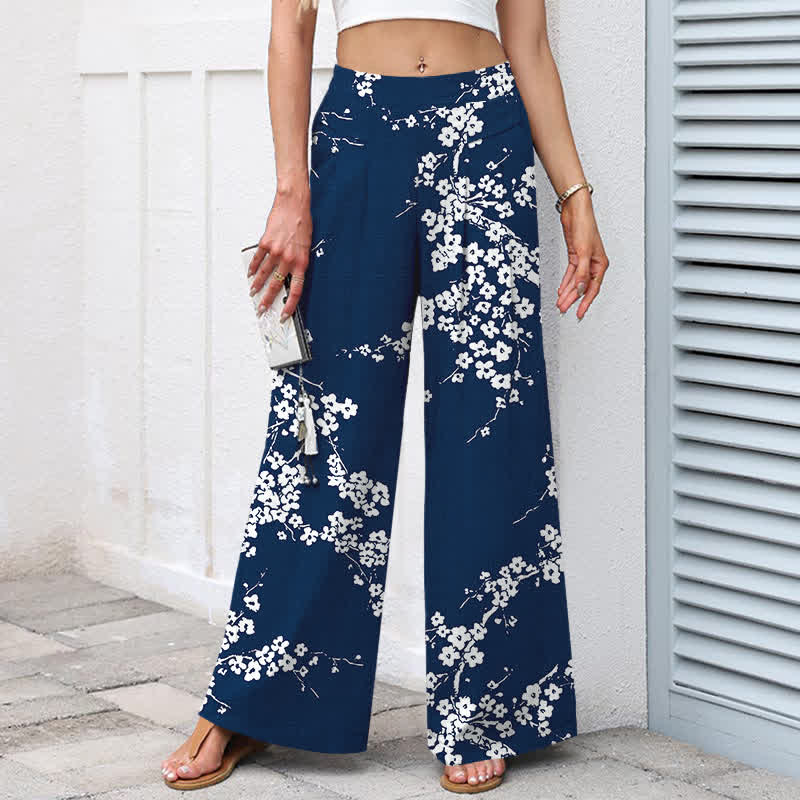 Nimara Ritual Cotton Linen White Sakura Branch Pattern Women's Elastic Waist Wide Leg Pants With Pockets