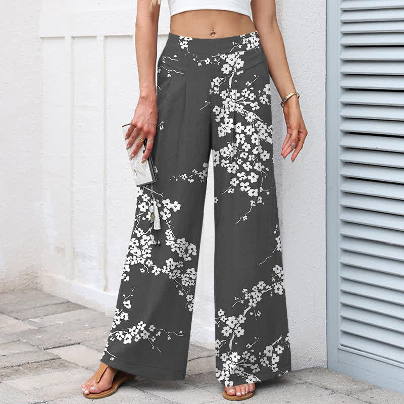 Nimara Ritual Cotton Linen White Sakura Branch Pattern Women's Elastic Waist Wide Leg Pants With Pockets