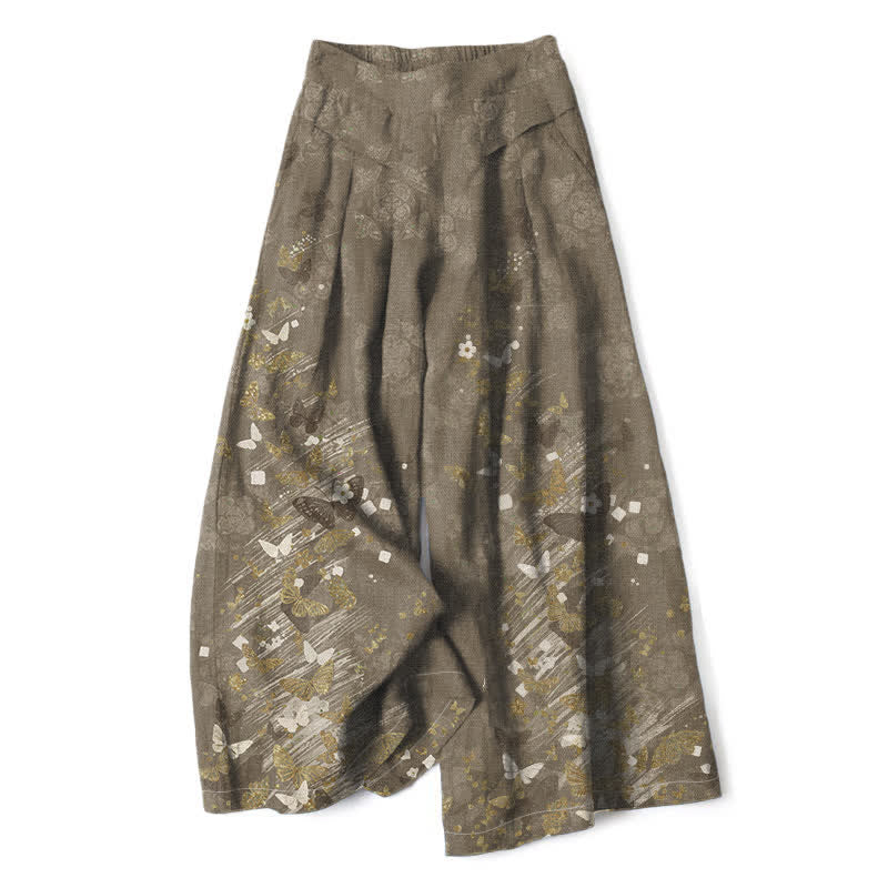 Nimara Ritual Cotton Linen Bohemian Floral Gold Butterflies Pattern Women's Elastic Waist Wide Leg Pants With Pockets
