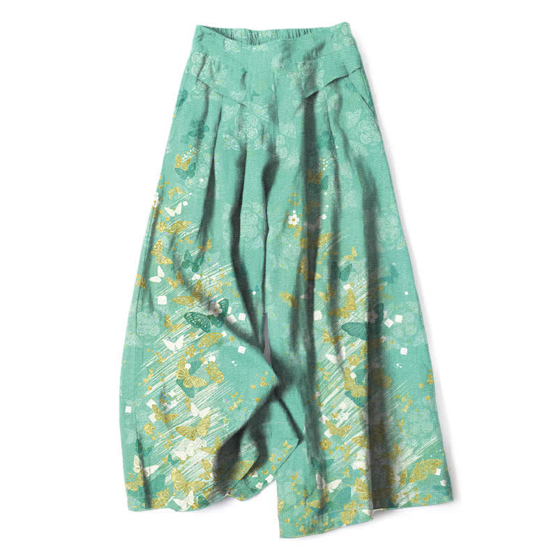 Nimara Ritual Cotton Linen Bohemian Floral Gold Butterflies Pattern Women's Elastic Waist Wide Leg Pants With Pockets