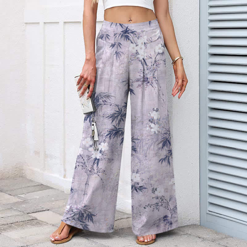 Nimara Ritual Cotton Linen Bamboo Leaf Pattern Women's Elastic Waist Wide Leg Pants With Pockets