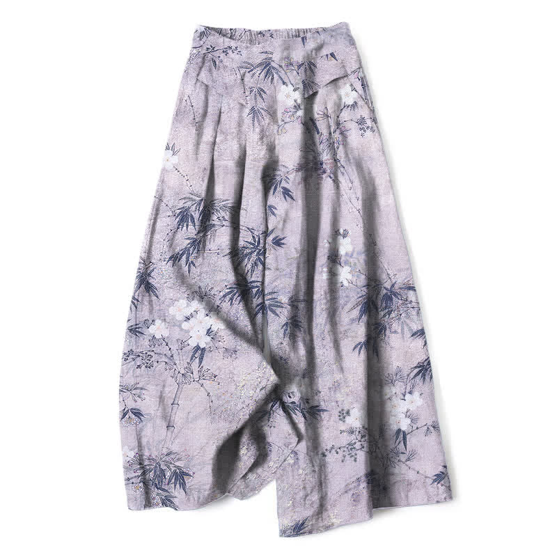 Nimara Ritual Cotton Linen Bamboo Leaf Pattern Women's Elastic Waist Wide Leg Pants With Pockets