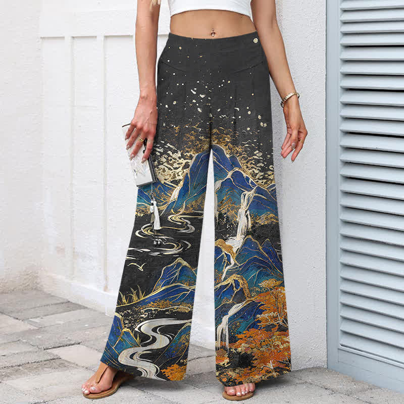 Nimara Ritual Cotton Linen Oriental Landscape Pattern Women's Elastic Waist Wide Leg Pants With Pockets
