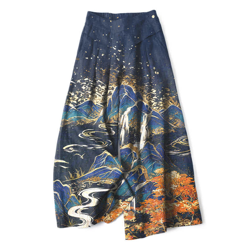 Nimara Ritual Cotton Linen Oriental Landscape Pattern Women's Elastic Waist Wide Leg Pants With Pockets