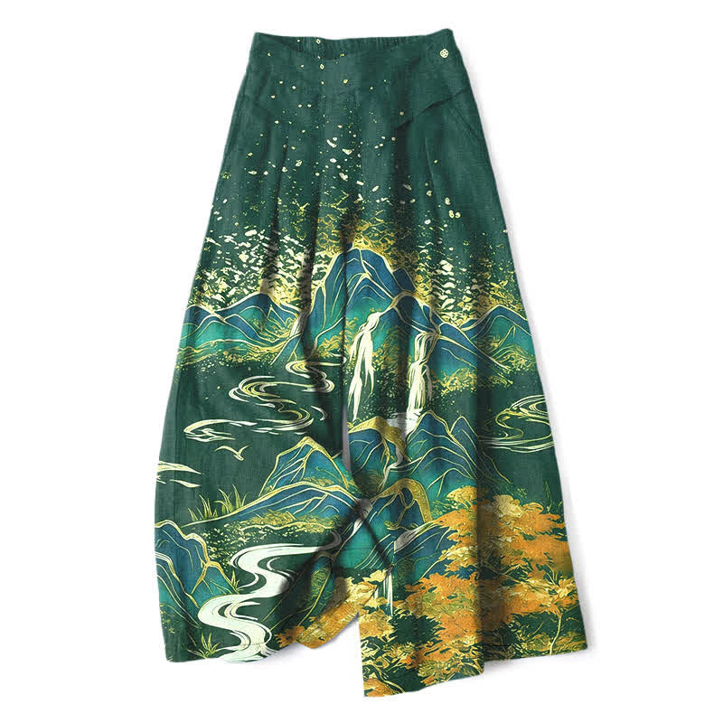 Nimara Ritual Cotton Linen Oriental Landscape Pattern Women's Elastic Waist Wide Leg Pants With Pockets