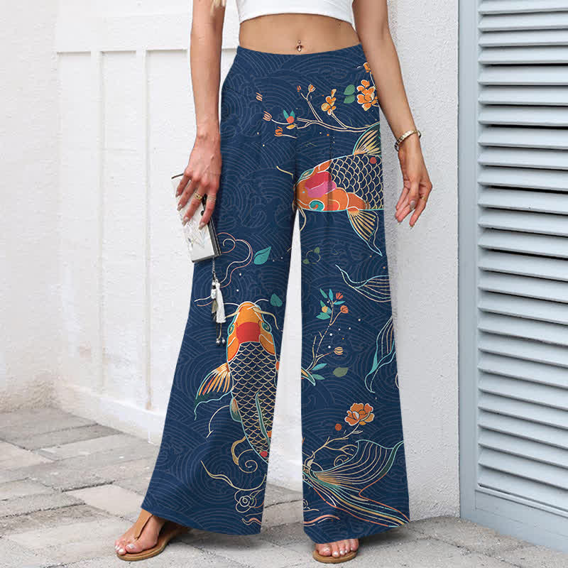 Nimara Ritual Cotton Linen Koi Fish Floral Pattern Women's Elastic Waist Wide Leg Pants With Pockets