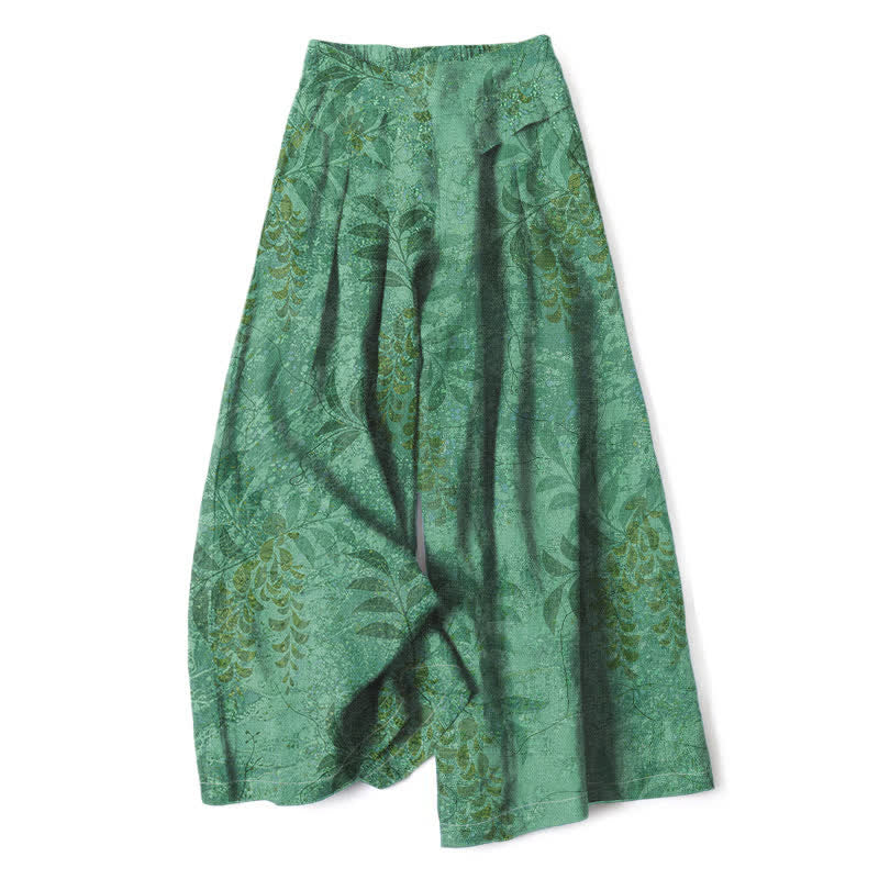 Nimara Ritual Cotton Linen Vintage Leaf Pattern Women's Elastic Waist Wide Leg Pants With Pockets