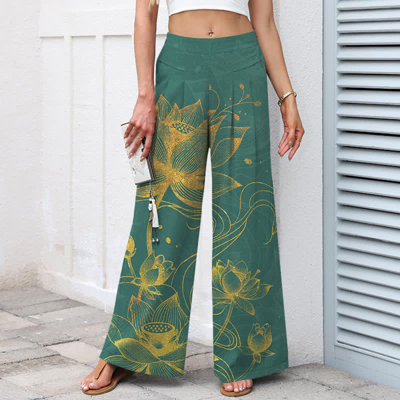 Nimara Ritual Cotton Linen Gold Lotus Pattern Women's Elastic Waist Wide Leg Pants With Pockets