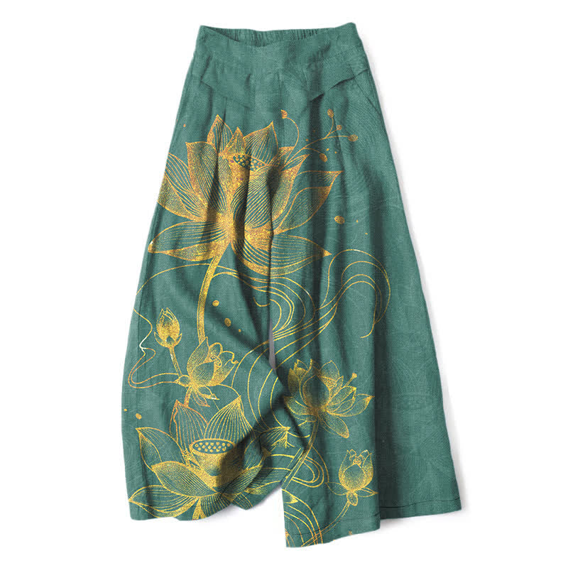 Nimara Ritual Cotton Linen Gold Lotus Pattern Women's Elastic Waist Wide Leg Pants With Pockets