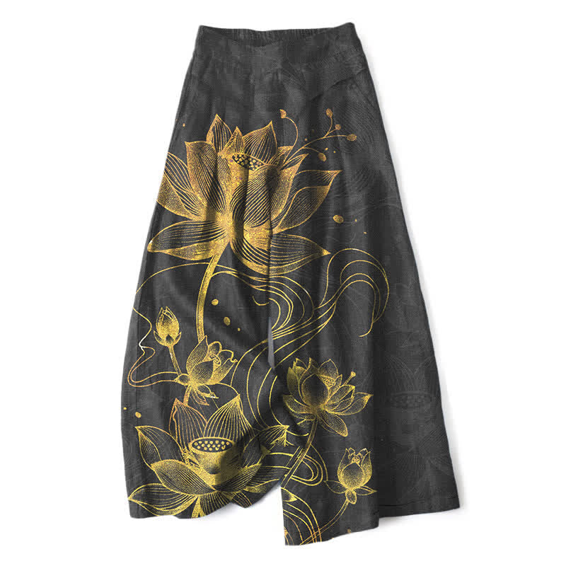 Nimara Ritual Cotton Linen Gold Lotus Pattern Women's Elastic Waist Wide Leg Pants With Pockets