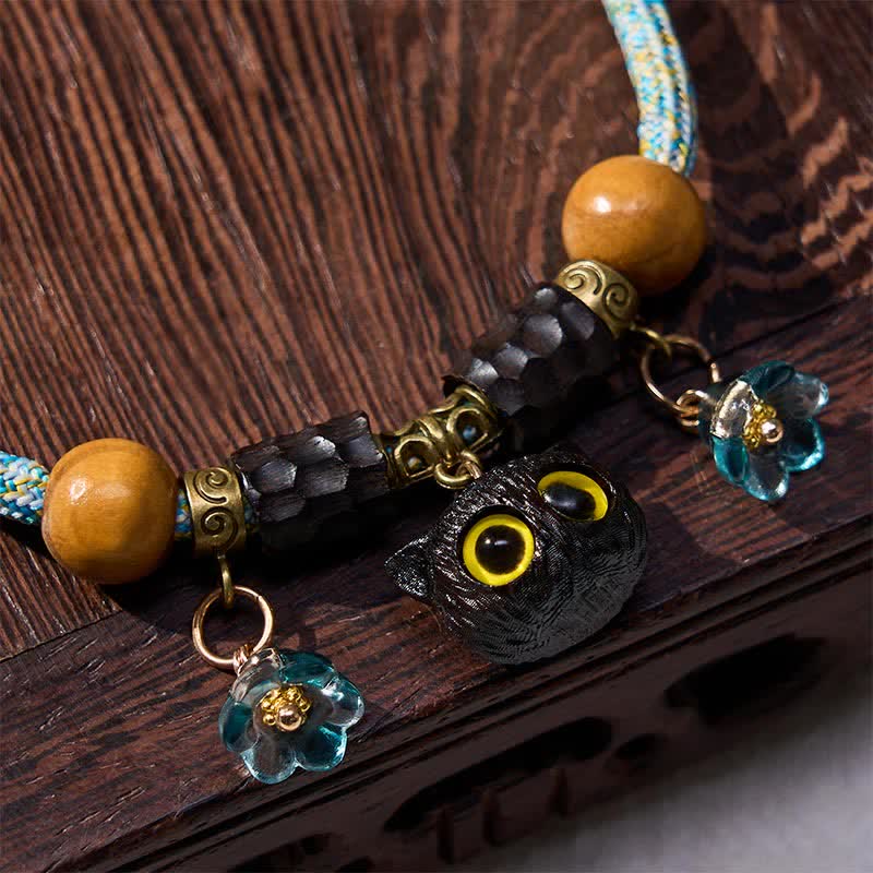 Nimara Ritual Plaited String Ebony Wood Cat Head Peace Adjustable Cats Pet Collar