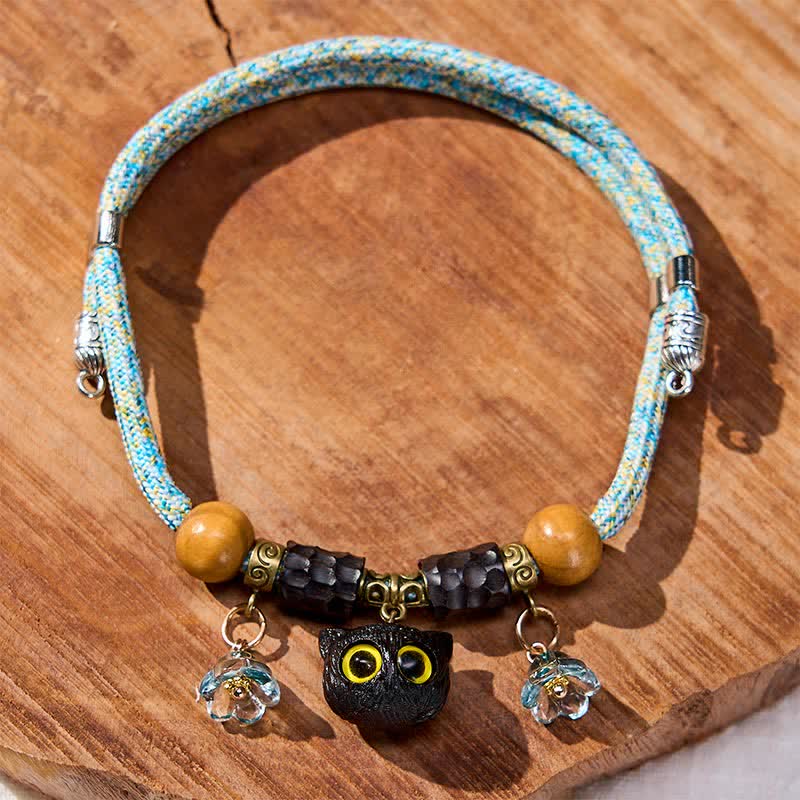 Nimara Ritual Plaited String Ebony Wood Cat Head Peace Adjustable Cats Pet Collar