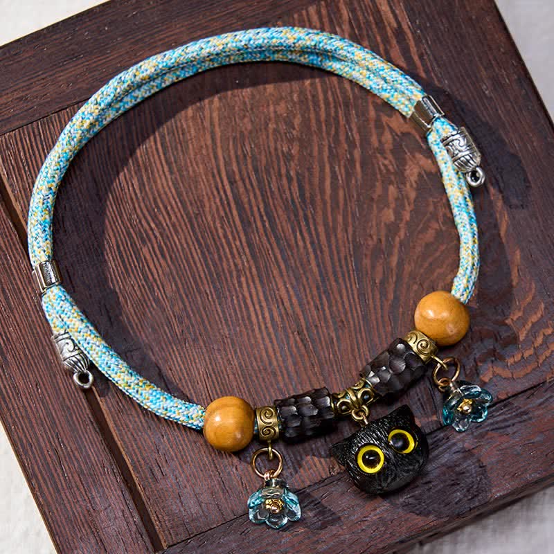 Nimara Ritual Plaited String Ebony Wood Cat Head Peace Adjustable Cats Pet Collar