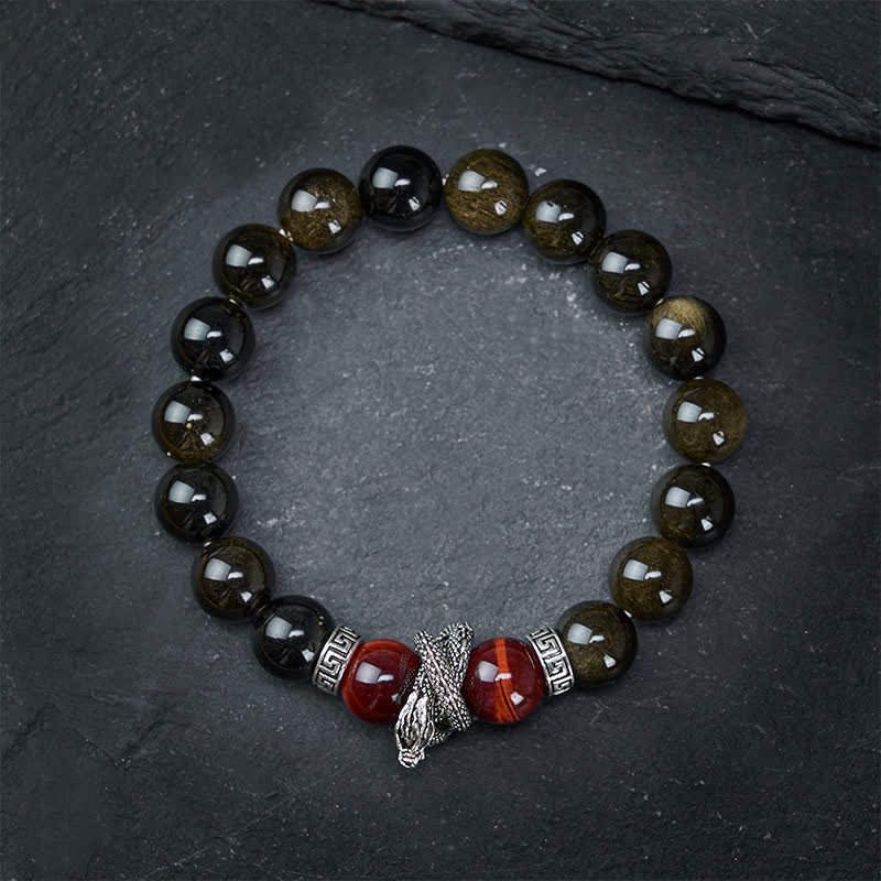 Nimara Ritual Natural Silver Sheen Obsidian Red Tiger Eye Bead Success Bracelet