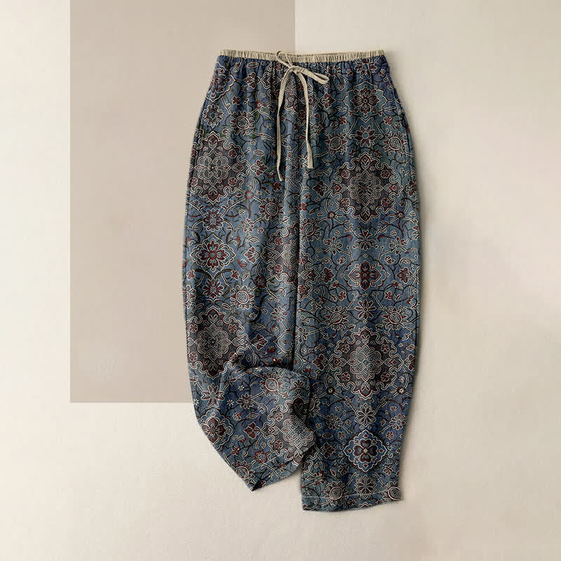 Nimara Ritual Pure Cotton Bohemian Floral Pattern Women's Elastic Waist Pants With Pockets