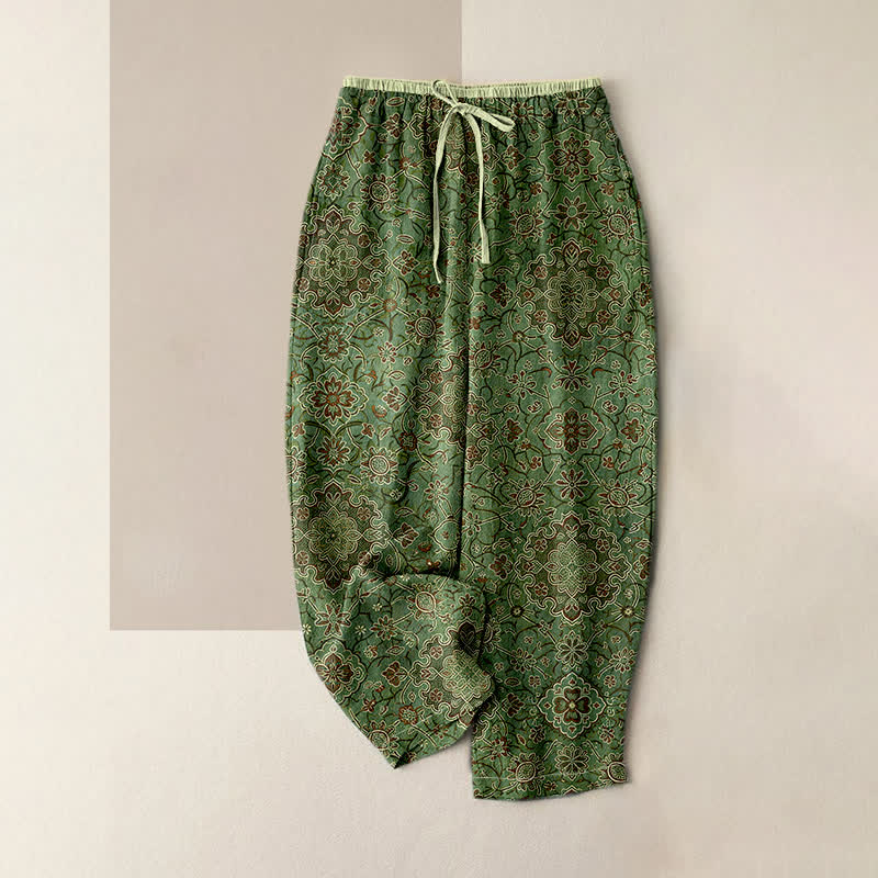 Nimara Ritual Pure Cotton Bohemian Floral Pattern Women's Elastic Waist Pants With Pockets