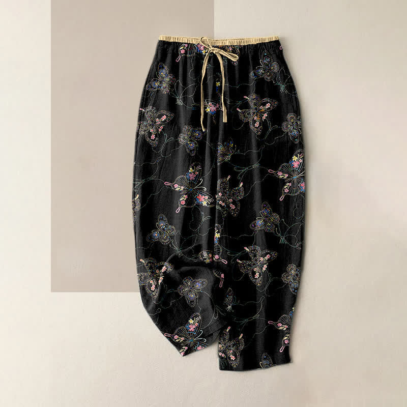 Nimara Ritual Pure Cotton Vintage Floral Butterfly Pattern Women's Elastic Waist Pants With Pockets