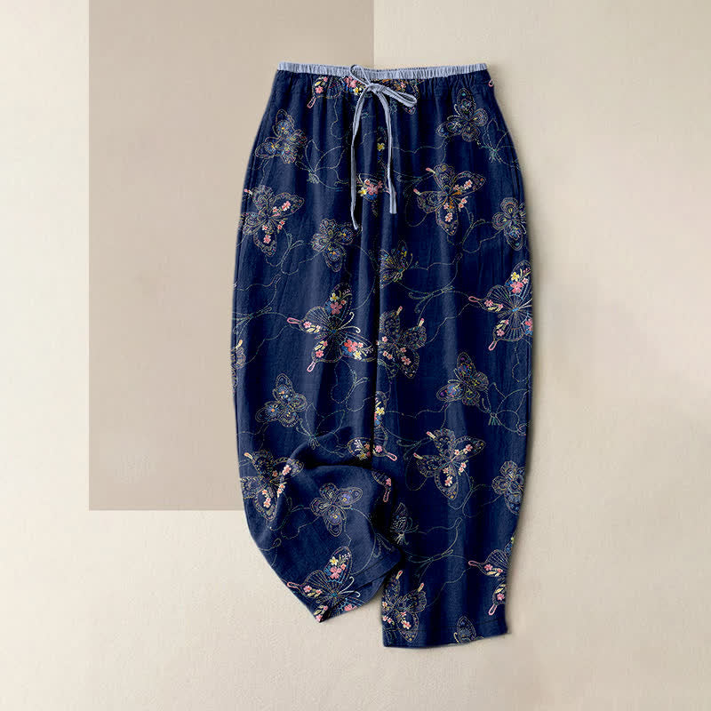 Nimara Ritual Pure Cotton Vintage Floral Butterfly Pattern Women's Elastic Waist Pants With Pockets